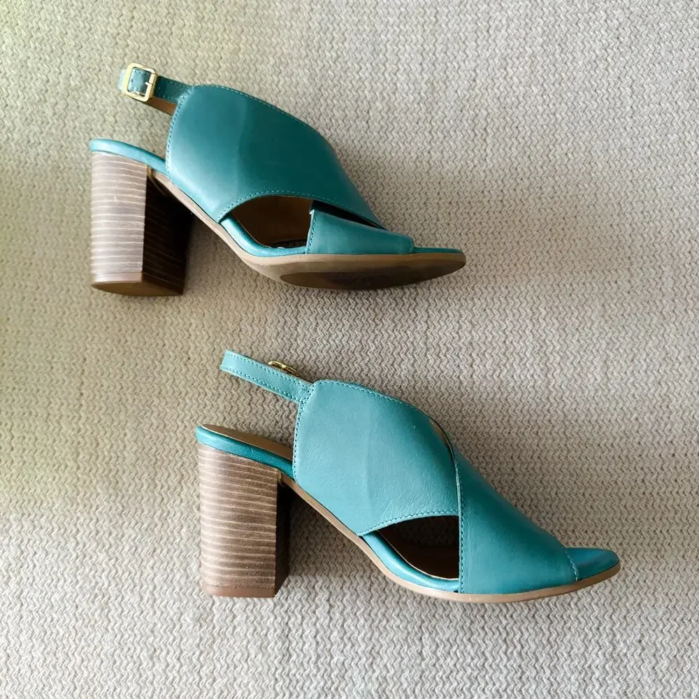 Seychelles Blue Criss Cross Strap Stack Heel Sandal